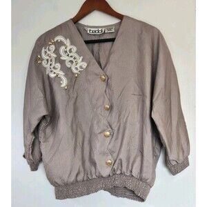 Vintage Teddie Blouse Womens M Brown Top Sequin Goblincore Peasant Renaissance